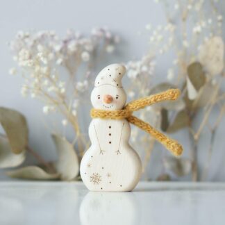 Wooden Snowman toy with a yellow scarf (with sparkle)