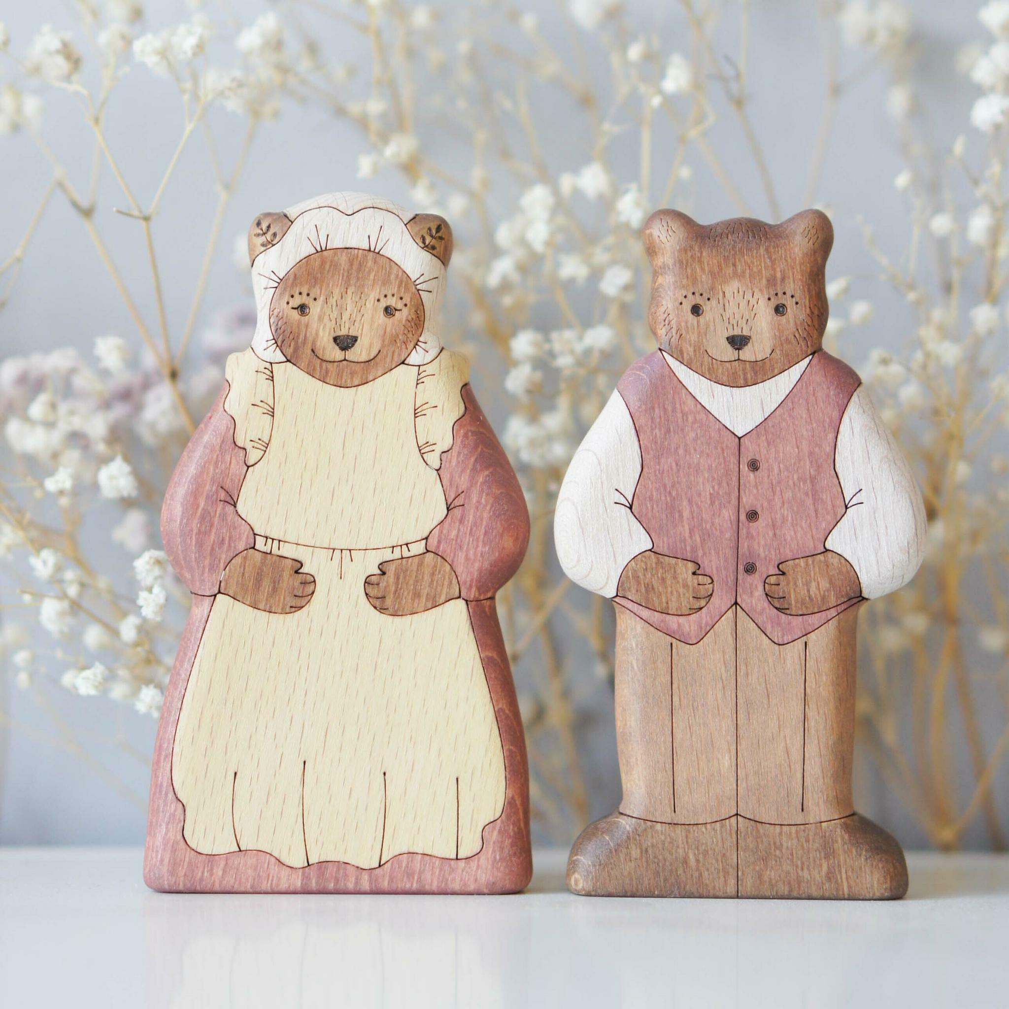 Mom Bear (in a bonnet) and Dad Bear (in a vest) set