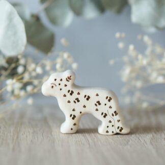 Wooden snow leopard toy (baby smaller) with sparkle